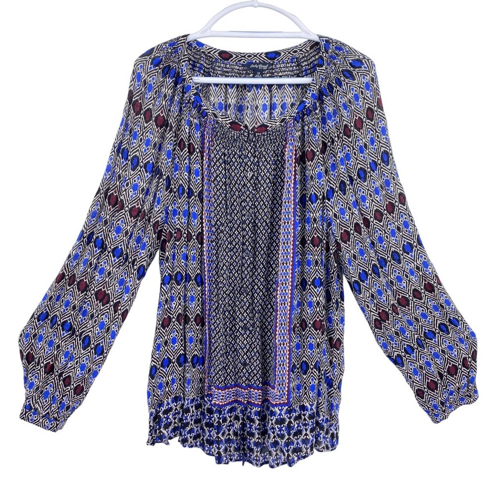 Lucky Brand boho peasant blouse size 1X Ikat pattern hippie semi sheer